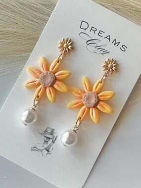 Dreams Clay Yellow Sunflower Pearl Drop Earrings